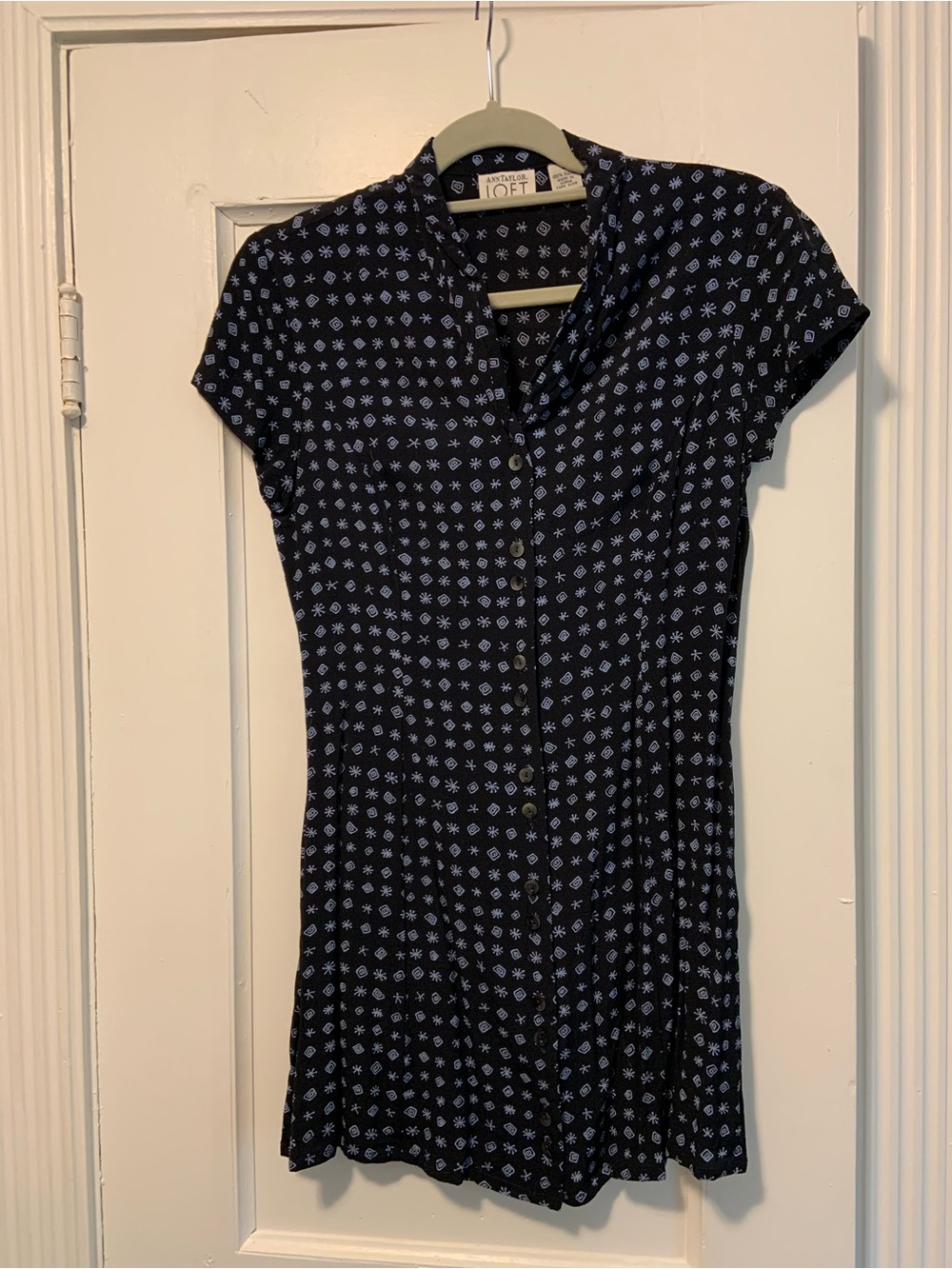 Vintage LOFT Navy Blue Button-Front Baby Doll Dress with Geo Pattern